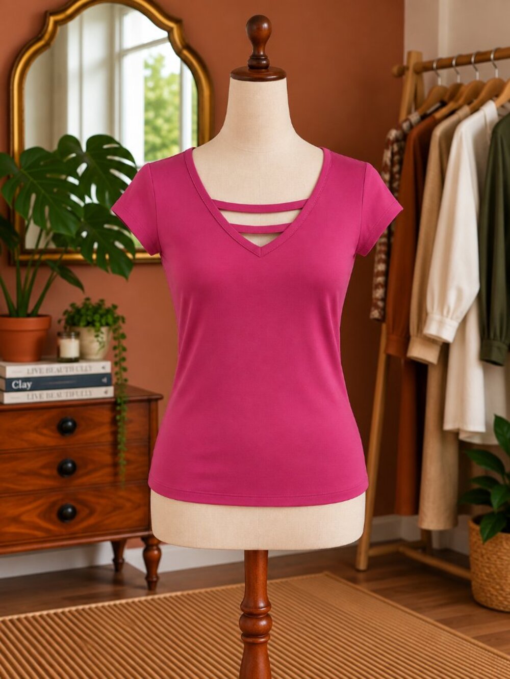 New York & Company Hot Pink V-Neck Short Sleeve Top with Strappy Detail